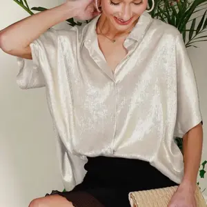 Women's Champaign Collared Metallic Woven Button Down Top - Shirts, Womenswear