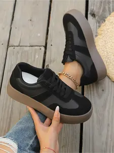 Women Retro Color Block Training Shoes Chunky Sole Heighten Design Comfortable Sports Shoes