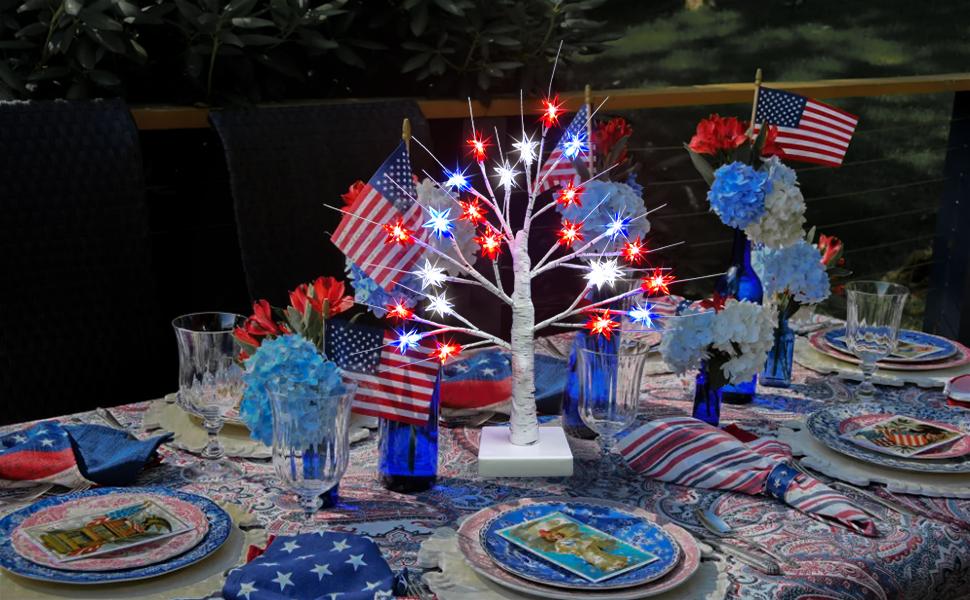 Patriotic LED Tree Lights, 24 Inch 4th of July Decorations Lighted Tree Lamp with 8 Lighting Modes & Timer, Red White Blue Tabletop Tree Light, USB Battery Operated Mini Bonsai Tree for Independence Day Indoor Home Table Party Decor
