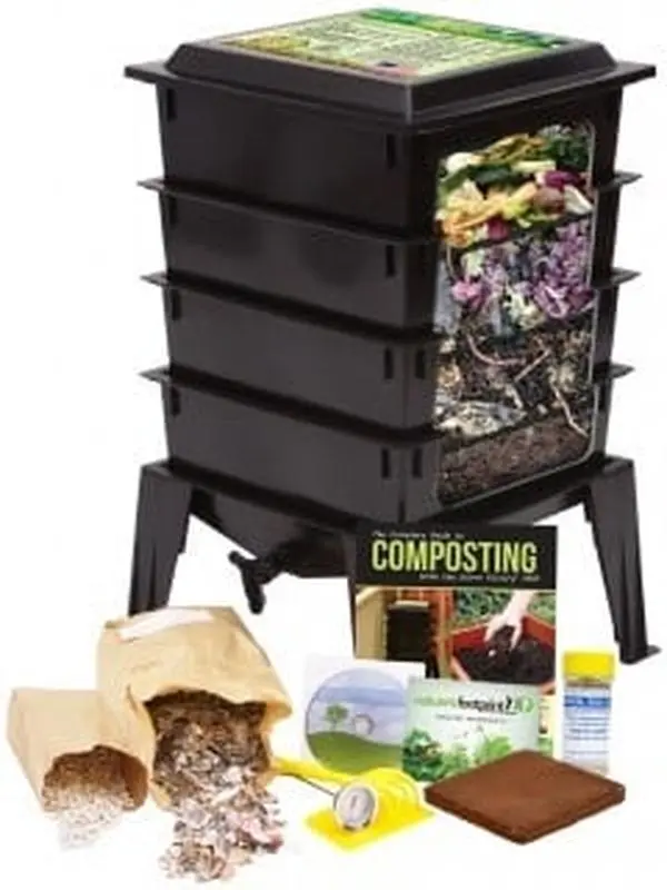 Nature's FootPrint WF360 Expandable Worm Composter Bin - 4-Tray Black Hand-Operated Recycled Plastic Model with Accessory Kit, Thermometer, Odor-Free, 5-8 lbs. Weekly Food Capacity, 8-12,000 Worms Support, Year-Round Production, Easy Assembly & Management