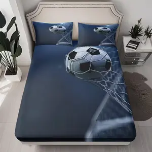 Football Sports Pattern Bed Sheet Set, Includes 1 Mattress Cover and 2 Pillowcases, Polyester, Digital Print, All Seasons, Home Textiles