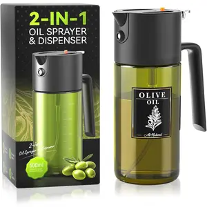 2-IN-1 500ml/17oz Light-Blocking Dark Oil Sprayer for Cooking with Sticker, Dark Green Glass Olive Oil Dispenser Bottle for Kitchen, Even Spray with Portion Control, Perfect for Air Fryer, BBQ - Black