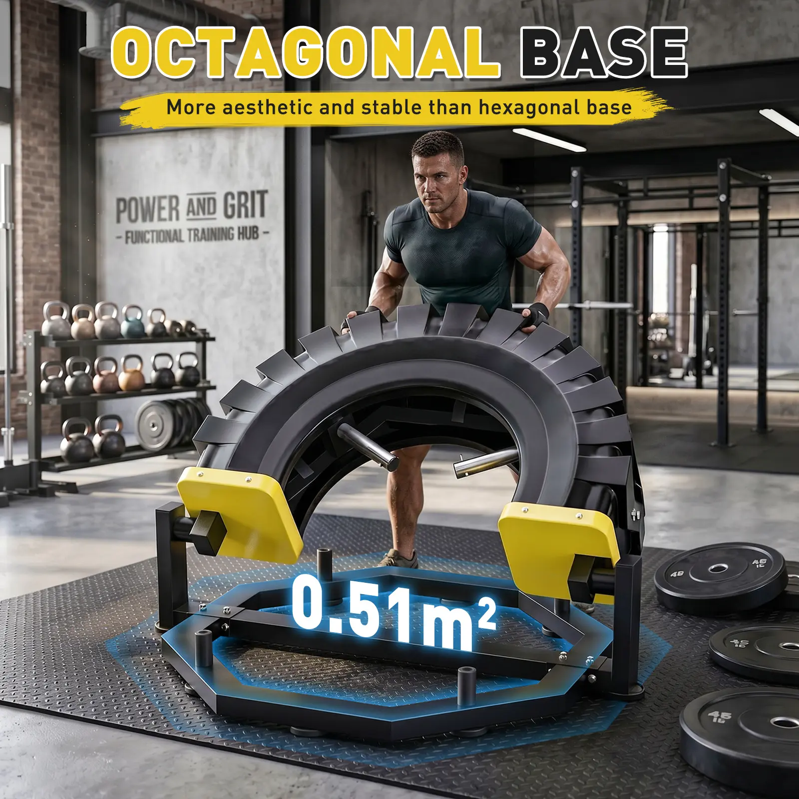 Tire Flip Machine, a Full-body Compound Strength Training Machine Featuring 180-degree Rotational Exercises. It Supports Weights of up to 330 Pounds and Is Equipped with Rubber Shock-absorbing Mats to Minimize Noise Disturbances.