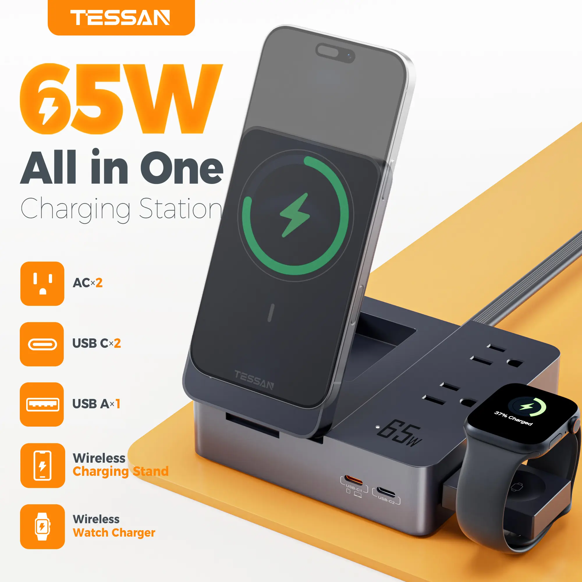 TESSAN Magic65 Series 65W Wireless Charger Hub - 60W & Above Fast Charging, 2 USB-C/1 USB-A Multi-Ports, 2 AC Outlets, Flat Plug, 5ft Cord, Black, Space-Saving for Cellphone, Android, Smartwatch Magnetic Stand