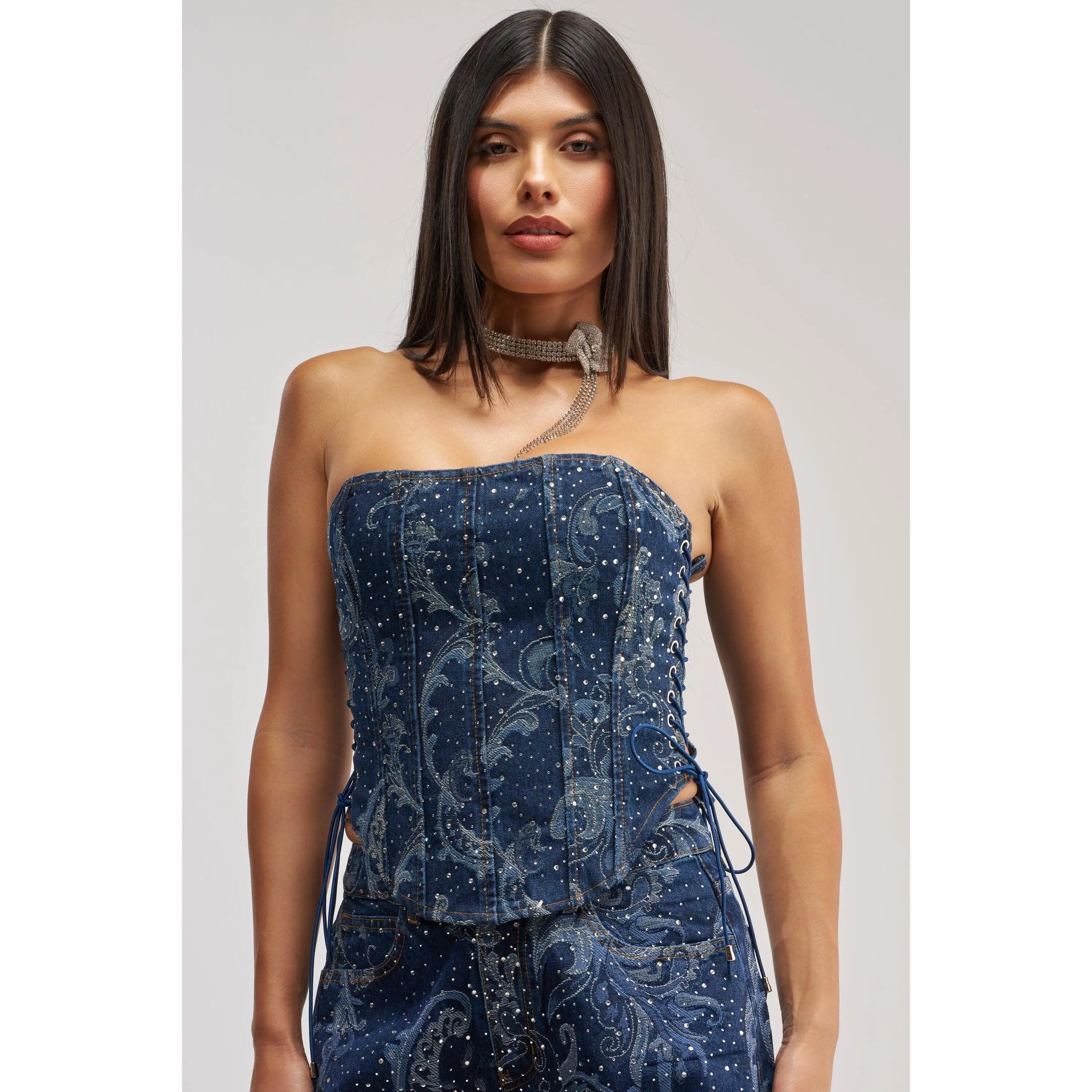 ELEVATED DENIM CORSET WITH RHINESTONES