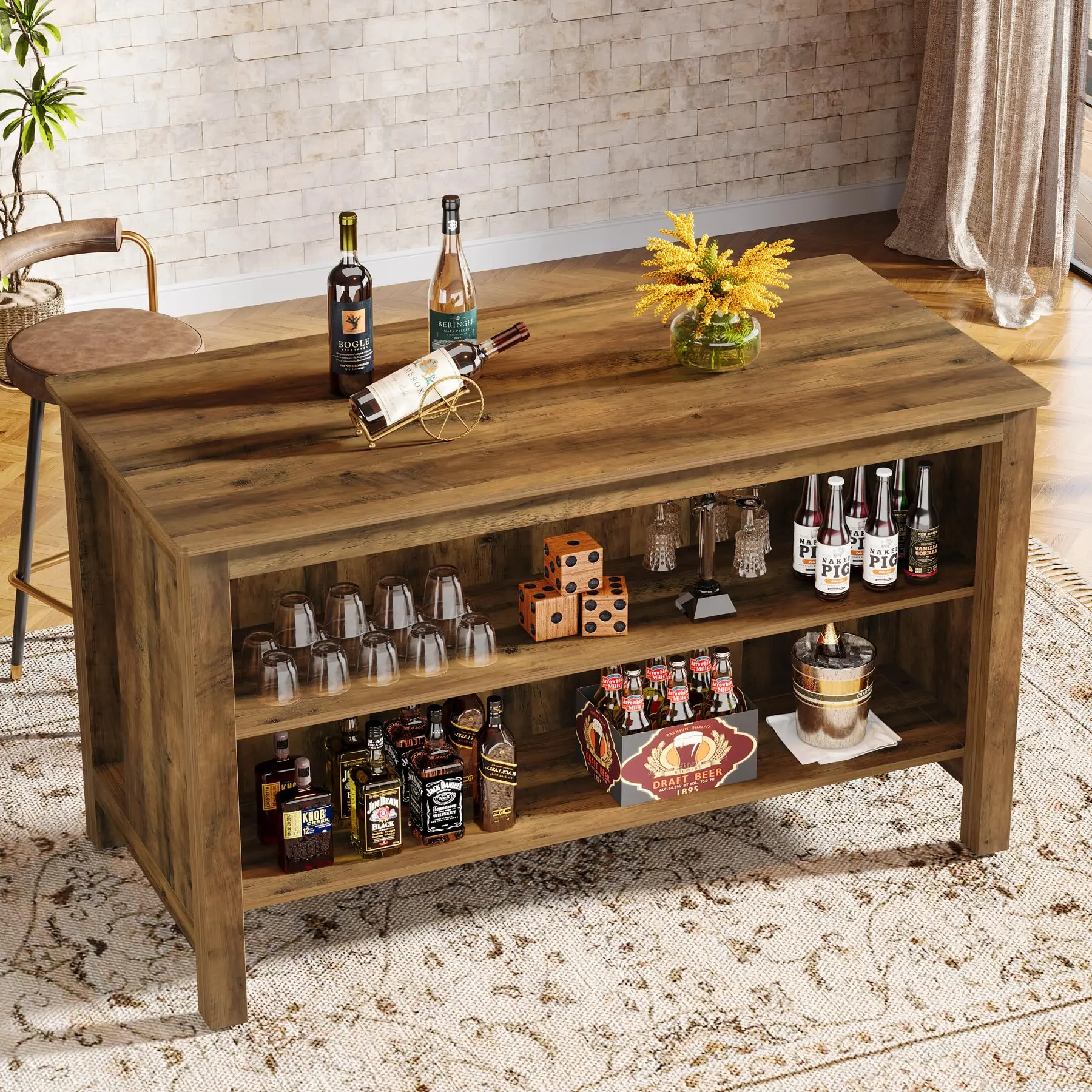Tribesigns 59-Inch Bar Table, 3-Tier Pub Table With Storage, Bar Cabinet for Kitchen, Living Room, Rustic Brown