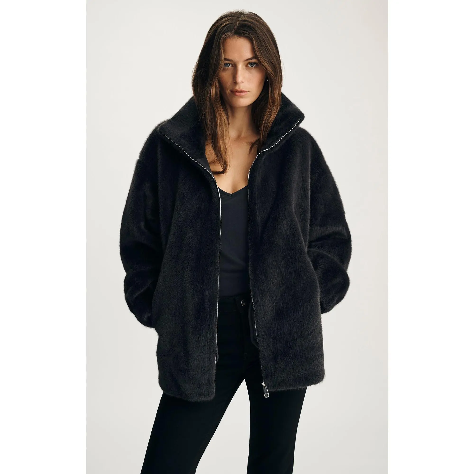 Oversized Faux Fur Teddy Jacket in Obsidian, a Cozy Women's High Neck Zip-Up with Comfortable Gathered Sleeves, Outerwear