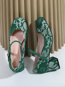 New Lace Face Round Toe Vintage Mary Jane High Heel Shoes, Party High Heeled Single Shoe, All Occasion Fashion Comfortable Strap Heels