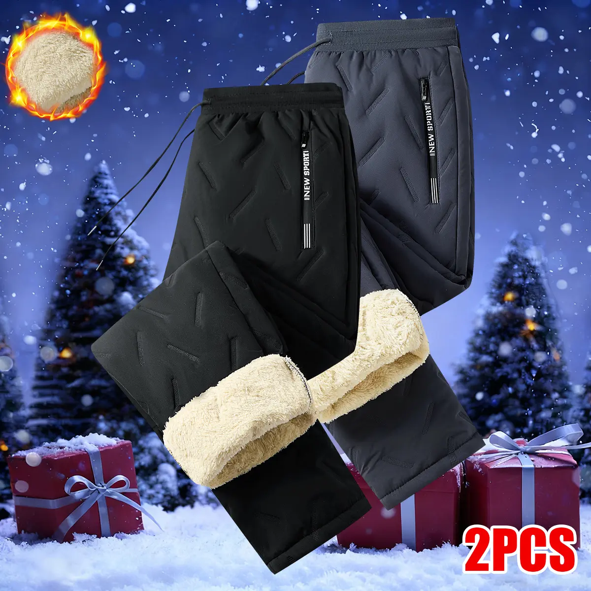 2 Men's Thick Fleece-Lined Pants with Zippered Pockets & Drawstring Waistband - Heavyweight Winter Warm Workout Pants Suitable for Office Work & Outdoor Activities, Insulating soft cozy fabric casual wear pant indoor sport