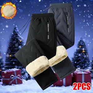 2 Men's Thick Fleece-Lined Pants with Zippered Pockets & Drawstring Waistband - Heavyweight Winter Warm Workout Pants Suitable for Office Work & Outdoor Activities, Insulating soft cozy fabric casual wear pant indoor sport