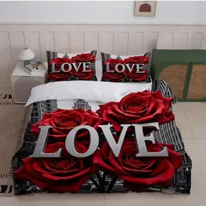 3pc Valentine's Day Red Rose and Heart Print Bedding Set, Decorative bedding set, a duvet cover set including 1 duvet cover and 2 pillowcases, a holiday gift for friends, available in single, double sizes, ideal for bedrooms, dormitories and hotels