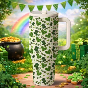 40oz Spout Tumbler with Handle for Car, Insulated, St Patrick’s Day Lucky Print Design, Large Capacity Leak Proof Straw Cup, Easy Carry Car Cup for Daily Commute Travel, Lucky Gift for St Patrick’s Day