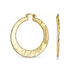 Large Fashion Flat Hammer Finish Statement Hoop Earrings Silver Plated 2 Inch