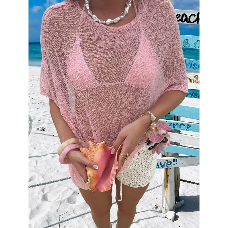 y2k Knit Cover Up Women See Through Irregular Loose Pullover Tops Beachwear