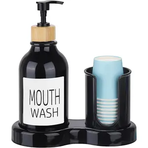 16oz Black Plastic Mouthwash Dispenser for Bathroom with Cup Holder and Tray Mouth Wash Bottle Container