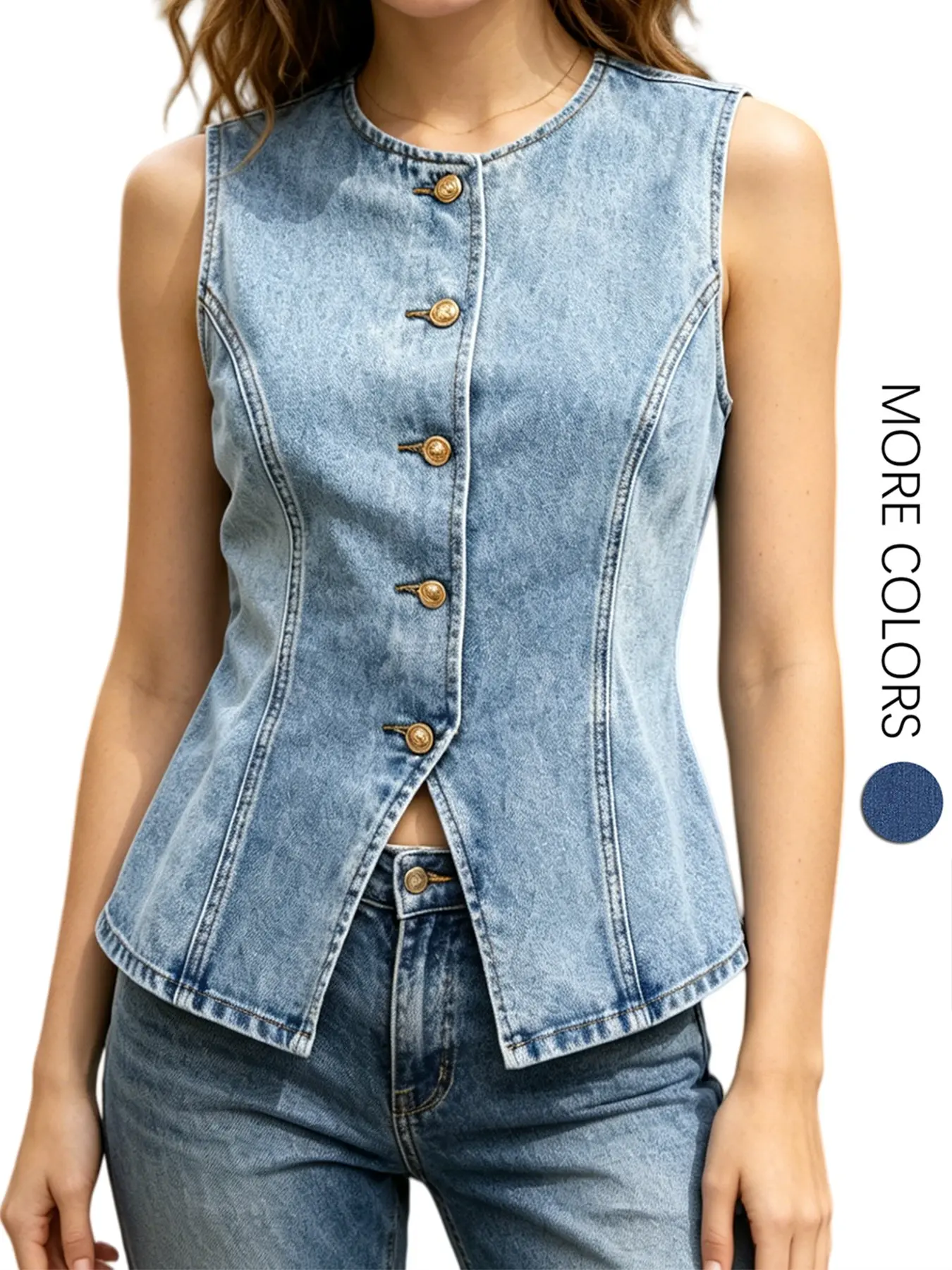 Women's Denim Plain Button Vest, Solid Sleeveless Button-Up Top, Round Neck, Chic Casual Fitted Short Summer Jacket, Perfect for Everyday Wear, Womenswear, Button Vest Tops