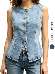 Women's Denim Vest, Sleeveless Button-Up Top, Round Neck, Chic Casual Fitted Short Jacket, Perfect for Everyday Wear