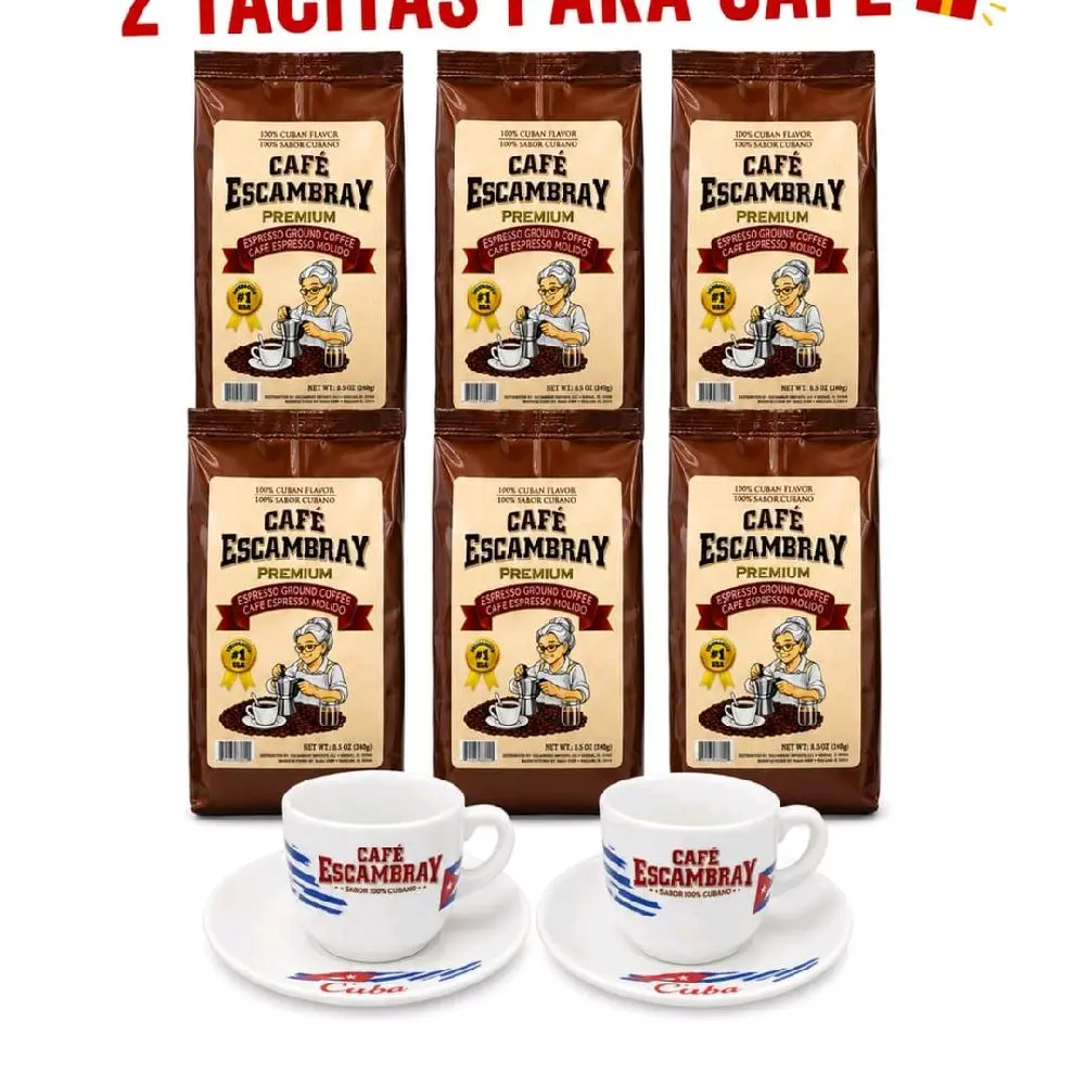 Cafe Escambray Premiun Cuban Espresso Ground Coffee 6 PK(8.5 oz (240 g)) + 2 free gift mugs - Strong Cuban Style Coffee, Dark Roast, Cafe Cubano Molido Premium.