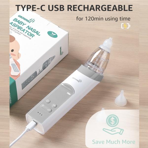 Grownsy Nasal Aspirator for Baby, Electric Nose Aspirator for Toddler, Baby Nose Sucker, Automatic Nose Cleaner with 3 Silicone Tips, Adjustable Suction Level, Music and Light Soothing Function