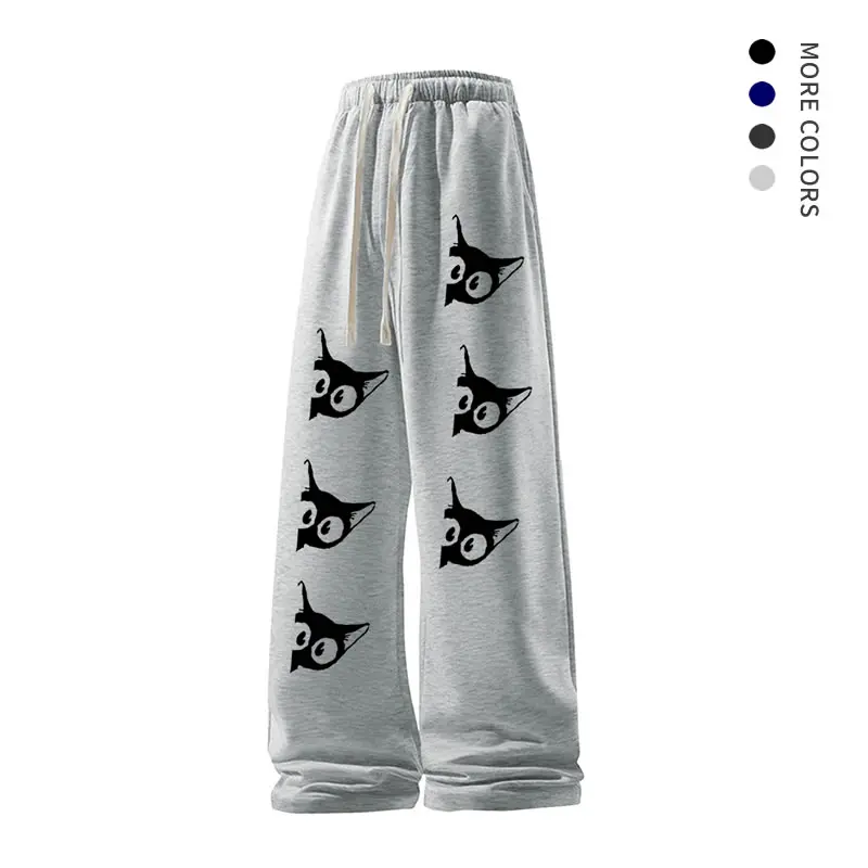 Men's Whimsical Cartoon Wide Leg Pants - American Style, Relaxed Loose Fit, Breathable Polyester, Drawstring Mid Waist, Vibe Day Casual Loungewear Sweatpants (Grey)