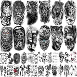 32/34/36 Sheets Black Arm Tattoos for Men Women Half Sleeve Animals Lion Tiger Wolf Death Skull Compass Flower Butterflies Fake Tattoos That Look Real Durable for Teens