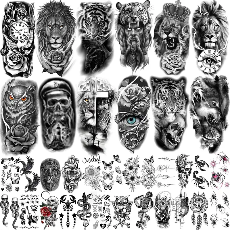 32/34/36 Sheets Black Arm Tattoos for Men Women Half Sleeve Animals Lion Tiger Wolf Death Skull Compass Flower Butterflies Fake Tattoos That Look Real Durable for Teens