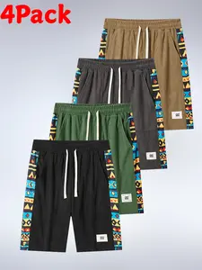 4-Pack Men's Corduroy Gorpcore Shorts, Retro Ethnic Patchwork Loose Fit Casual Shorts, Summer Outdoor Techwear Essentials