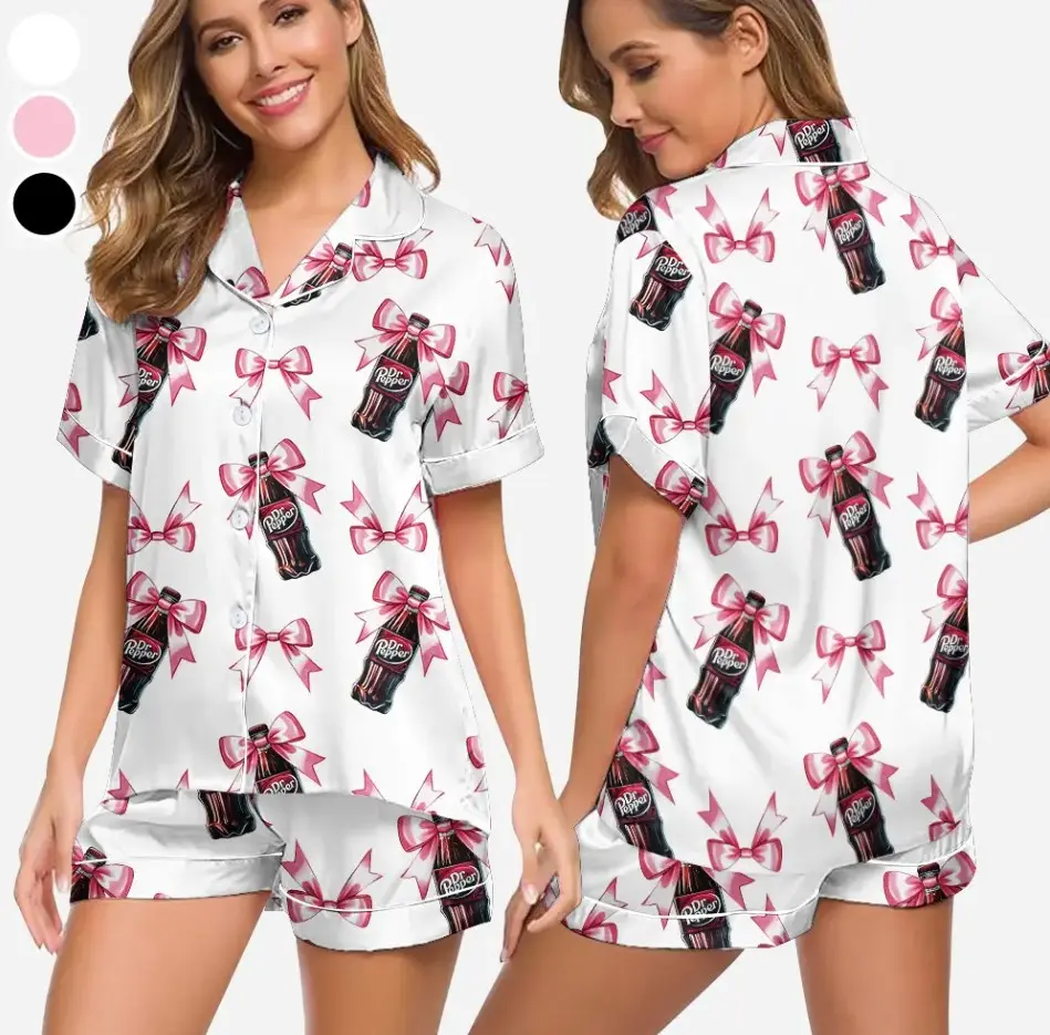 Dr Pepper Ribbon Pajamas Set, Dr Pepper Lovers Pjs, Silk Pajamas, Womenswear, Silk Sleepwear  Women's Two-piece  Short Pajamas Set, Casual Comfy Short Sleeve Top & Shorts Pajamas Set, Ladies Sleepwear for Summer