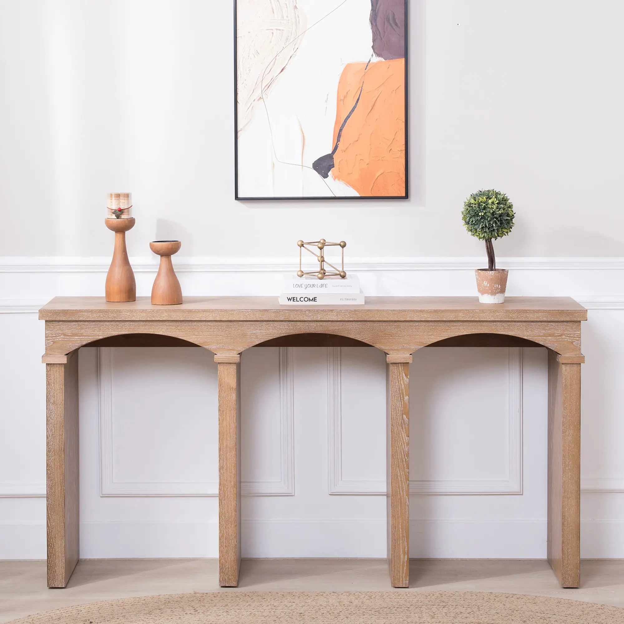 Rustic Archway Console Table 60 Inch Long Entryway Table with Decorative Arched Legs Natural Wood Finish Narrow Sofa Table for Hallway Living Room Foyer Furniture, Living Room Furniture for Apartment, Lounge, Family Room, Office and Home Seating