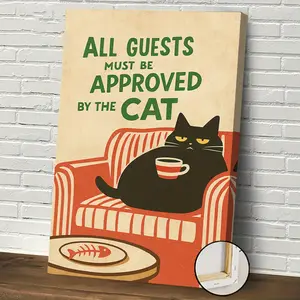 [Hanging Art]1pc Framed Cat-Themed Oil Painting Art - Whimsical Black Cat with All Guests Must Be Approved by the Cat Text, Modern Cartoon Style Wall Decor for Living Room, Bar, Cat Decor, Framed Canva Wall Art