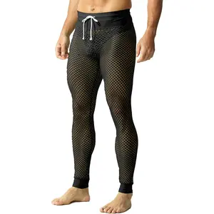 Men's Fishnet Pants Mesh See Through Muscle Leggings Stretchy Drawstring Long Pants