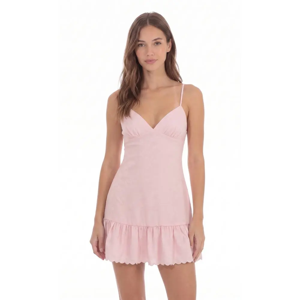 Jacquard Scallop Ruffle Dress in Pink