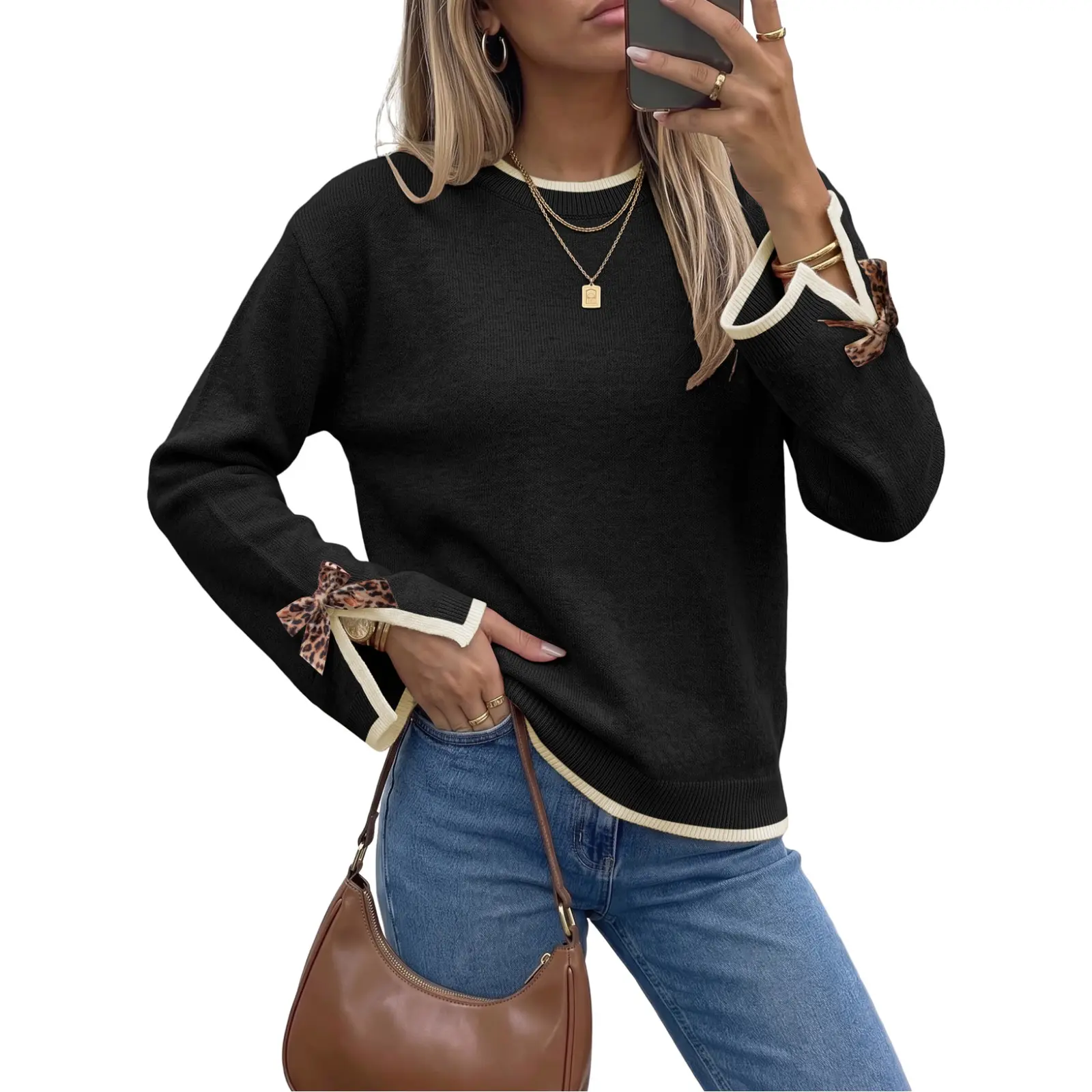 EVALESS Women's Crew Neck Knitwear Pullover, Casual Sweater with Leopard Print Bow Cuffs, Relaxed Fit for Fall