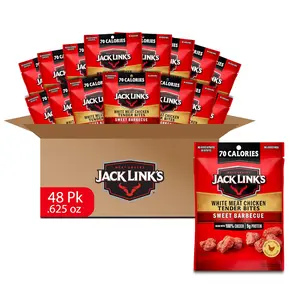 Jack Link's Sweet BBQ White Meat Chicken Tender Bites - Ready to Eat Real Meat Protein Snacks - 9g Protein per Serving - Made with 100% Real Chicken - (48 Pack) 1 oz Bags