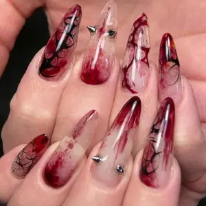 Vampire Blood Press On Nails, Bloody Horror Nail Art, Red Marble Halloween Nails with Metal Studs, Gothic Vampire Nails, Black Vein Details L13