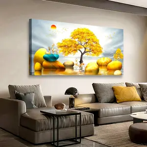 Large Golden Canvas Wall Art -  Wood Frame, Abstract Modern Textured Deer Stone Tree Landscape Print,Decor Poster Ornaments Decoration Photo Room