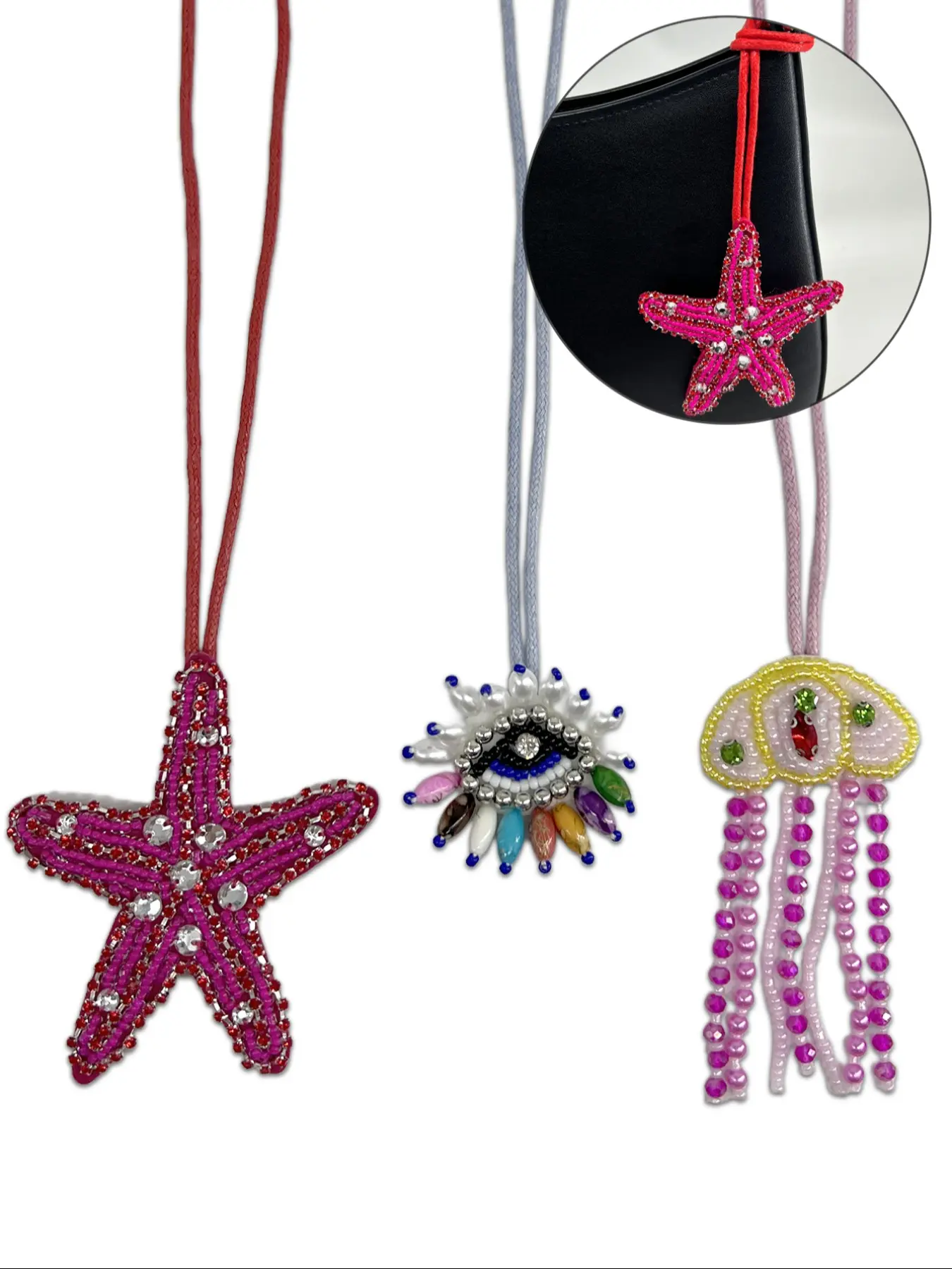 Handmade Beaded Bag Charm Set, Eye Design, Starfish, Jellyfish Tassel, Decorative Accessories for Handbags & Purses, Street Style Charm