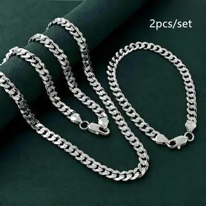 925 silver plated 7mm Sideways Men's women Chain Necklace Bracelet Set Jewelry Gift -20IN/24IN,, Hypoallergenic Nickel-Free Silver Necklace, Waterproof, Lobster Clasp, Gift Ready,22-30 Inch,Gift Bag Included
