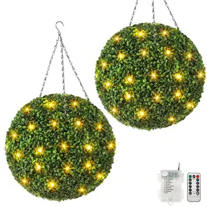Artificial Plant Topiary Ball, Pre-Lit Artificial Topiary Plant With 8 Mode, LED Lights, Battery Operated,and Remote Control, Light Plant Ball for Backyard, Wedding and Home DéCor (2-Pack) Plastic Set Insert Traditional Trees Decor Ornaments Decoration 20