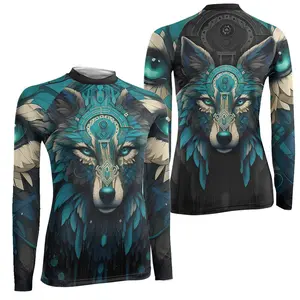 BattleFitGear Wolf Tribal Women's Long Sleeve Rash Guard | BJJ & Fitness Rash Guard | Baselayer Compression Shirt for Jiu Jitsu & MMA