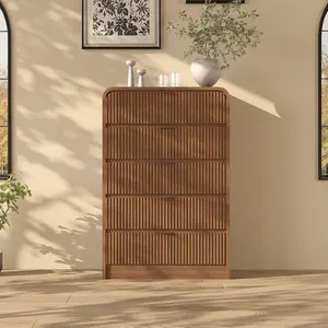 Fluted Tall Dresser 5 Drawer, Modern Bedroom Dresser with Rounded Edge, Walnut Wood Color Chest of Drawers, for Living Room, Hallway and Bedroom Storage Furniture