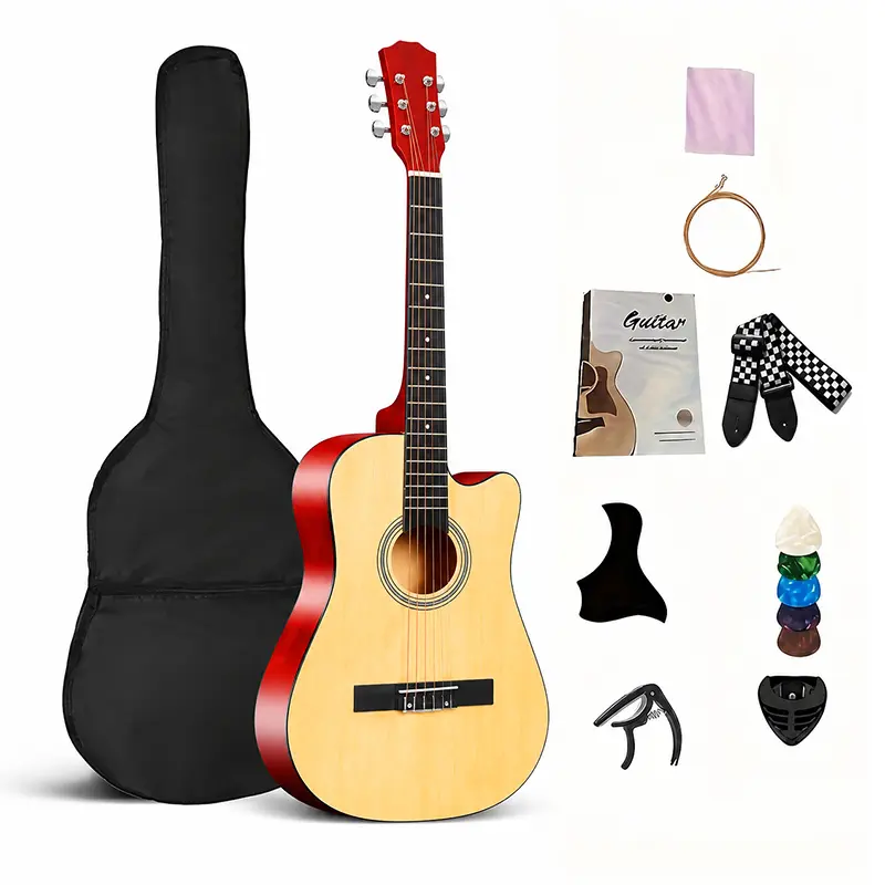 38-inch Entry-Level Wooden Folk Guitar Set, Ideal for Practice & Playing, Comes with Matching Accessories Per Color