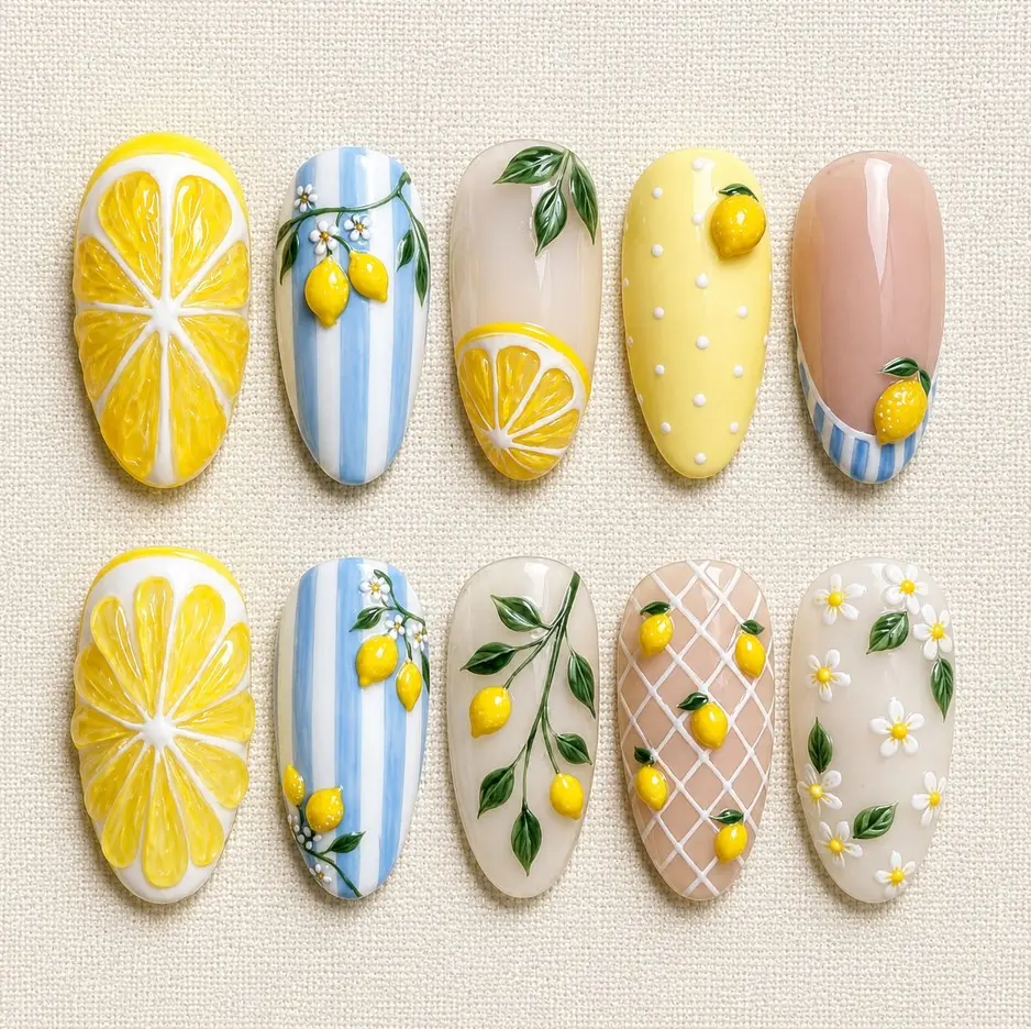 Yellow Lemon 3D Press On Nails, Handmade Summer With Floral Nails, Polka Dots Trending Nail For Women, Vintage NailArt, Party, Birthday Nails Inspo