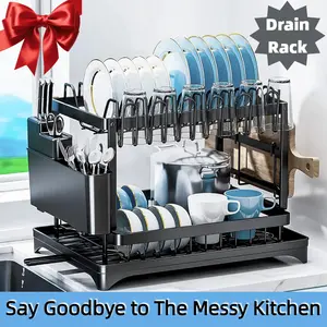 2-Tier Dish Drying Rack Dish Drying Organiser with Drainboard Detachable Dish Drainer Organizer Kitchen Gadgets Space Saver Foldable Storage Rack,Black
