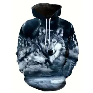 Men’s Printed Hoodie (S–5XL) – Grey Wolf Howl Back Design, Winter Warmth Hoodie with Pocket, White Wolf Pack Animal Pattern Hoodie, Suitable for Outdoor and Casual Wear GARMENTARY