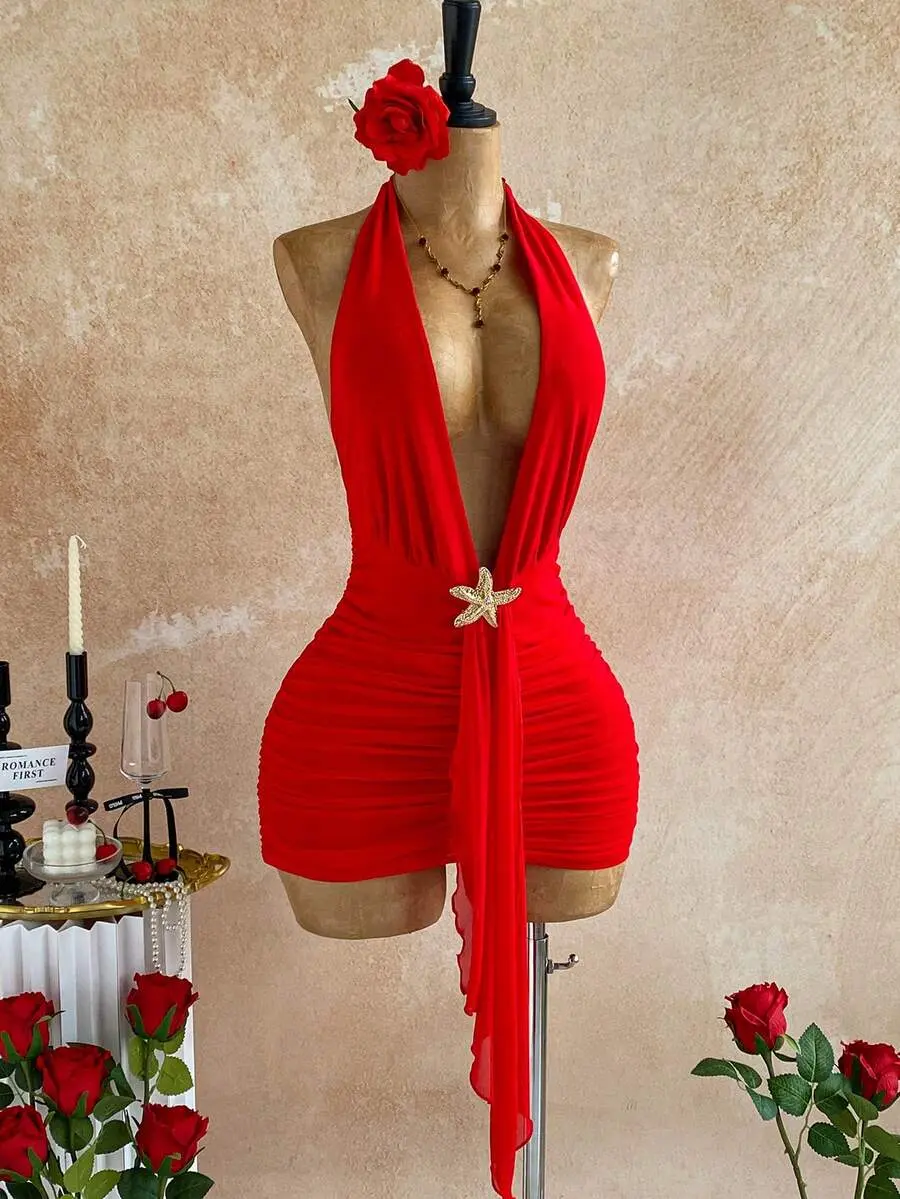 Party Dresses For Women Summer Outfits Red Carnival Valentine Ruffle Trim Backless Tie Neck Bodycon Mini Dress