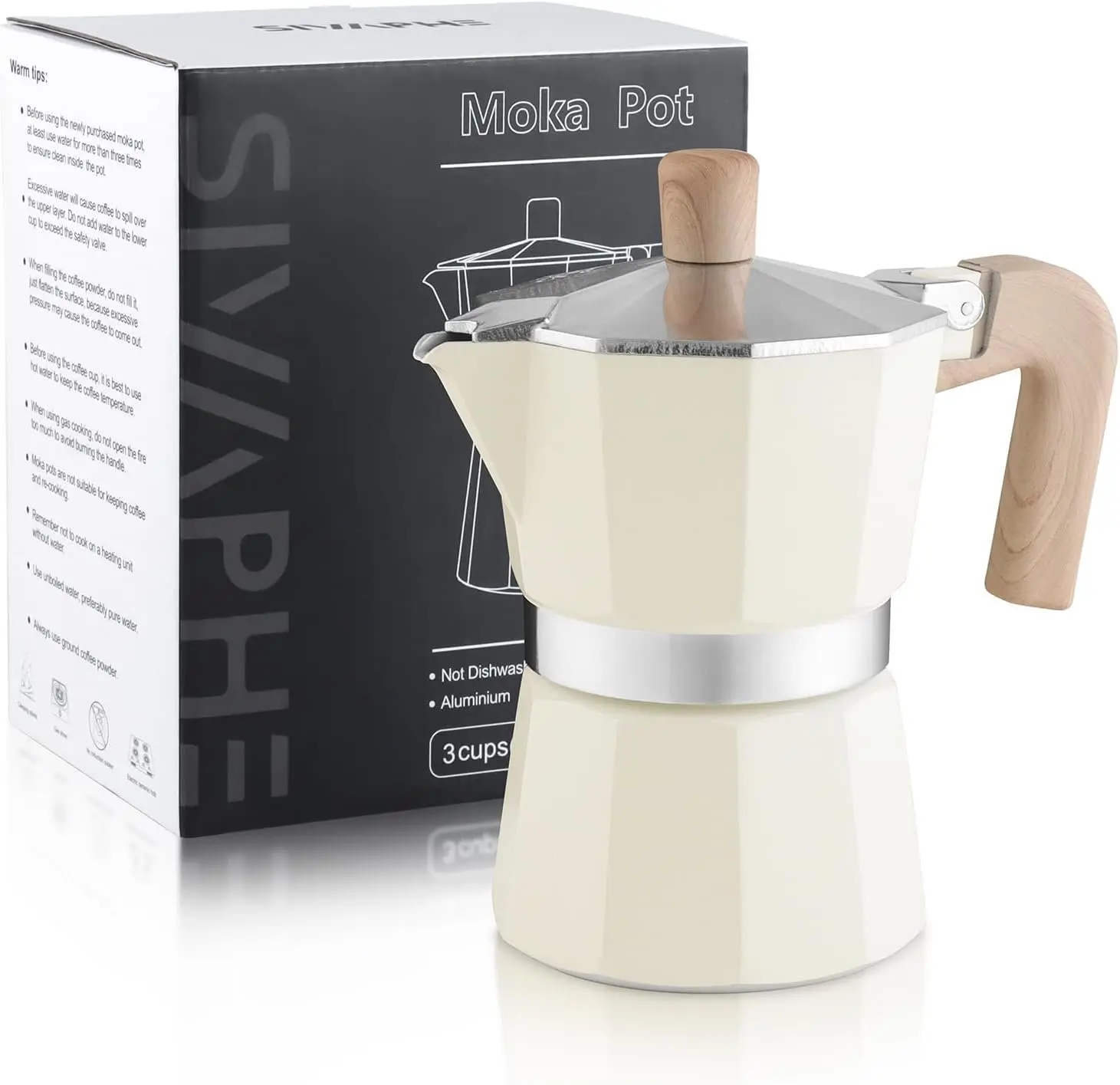 Moka Pot 3 Espresso Cups, Percolator Espresso and Coffee Maker, Portable Stovetop Italian and Cuban Cafe Brewer for  and Camping White