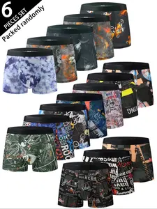 Men's Fashion Print Fitted Boxer Briefs, Soft Comfortable Elastic Thin Four-Panel Shorts, Sporty Design, Trendy Underwear Set