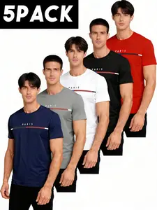 Men's Paris Style Fitted T-Shirt Set of 5, Breathable Comfort Fabric, Short Sleeve Round Neck, Fashion Stripe Pattern, Casual Daily Wear