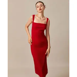 rihoas Women's Red Square Neck Ribbed Nylon-Polyester Fabric Slim Feminine Breathable Bodycon Casual Midi Dress,summervibes